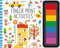 Activity book cover with fingerprint animal and house art next to a vertical seven-color rainbow ink pad.