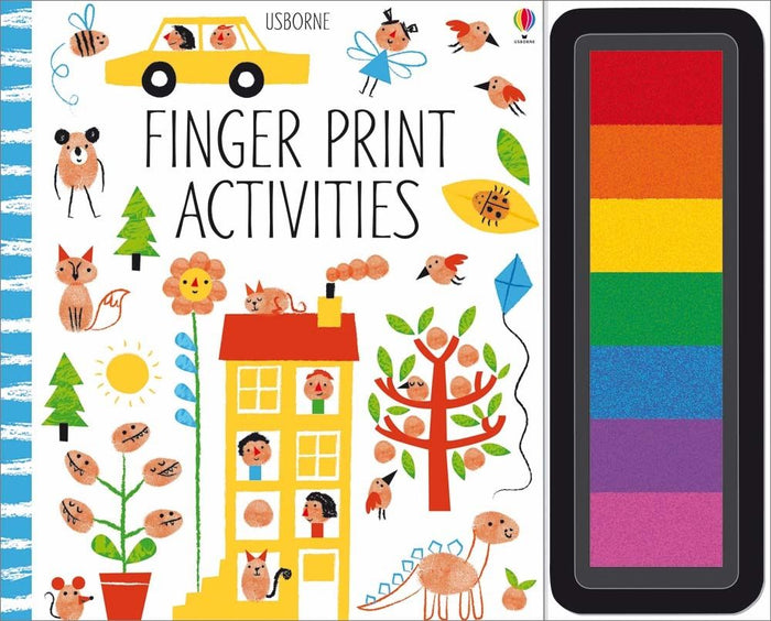Activity book cover with fingerprint animal and house art next to a vertical seven-color rainbow ink pad.