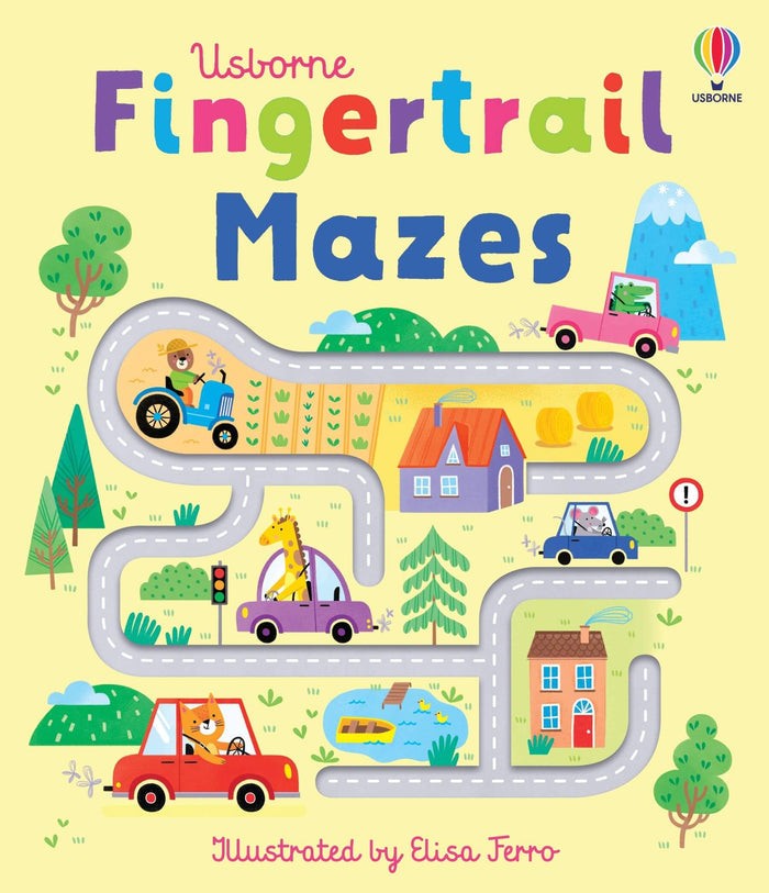 Colorful Usborne book cover with a winding gray road maze, animals driving vehicles past houses and trees on yellow.