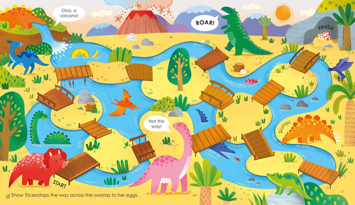 Colorful dinosaur swamp maze illustration with wooden bridges, cartoon dinosaurs, and paths leading to a nest of eggs.