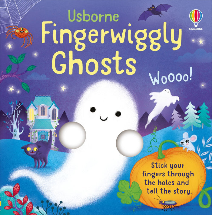 Book cover with a large white ghost, two finger holes, a black cat, and a pumpkin against a purple night sky.