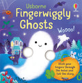 Book cover with a large white ghost, two finger holes, a black cat, and a pumpkin against a purple night sky.