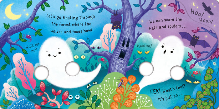 Children's board book page showing two ghosts with finger holes in a colorful, illustrated night forest scene.
