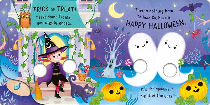 Colorful Halloween book illustration with a witch, black cat, and two ghosts with finger-sized cut-out holes.