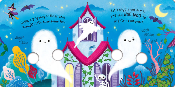 Colorful children's book page with ghosts featuring finger holes, a haunted house, and a witch under a night sky.
