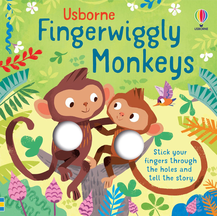 Colorful children's book cover with two monkeys in a jungle and round holes to stick fingers through.