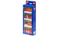 Blue Siku box displaying red fire trucks, a yellow firefighting plane, orange cones, and plastic flame accessories.