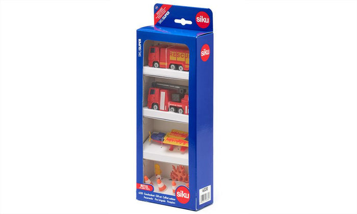 Blue Siku box displaying red fire trucks, a yellow firefighting plane, orange cones, and plastic flame accessories.
