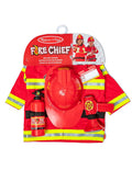 Red fire chief costume set featuring a jacket with yellow stripes, helmet, extinguisher, bullhorn, and ID badge.