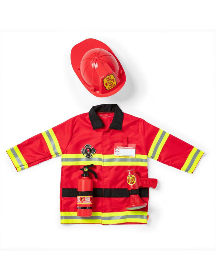 Red fire chief costume with helmet, jacket with reflective stripes, toy fire extinguisher, and megaphone.