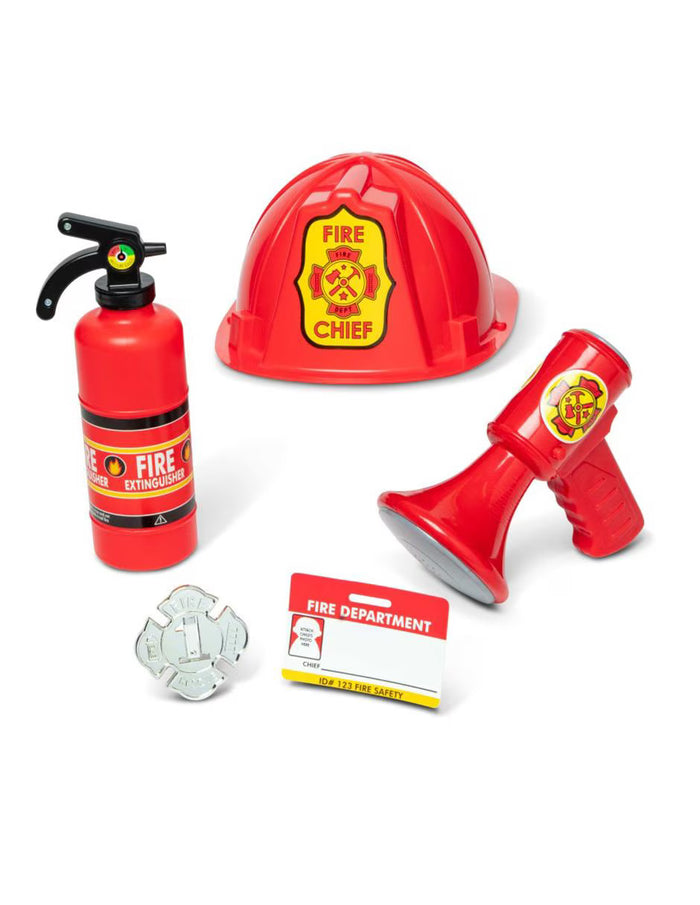 Five-piece toy set featuring a red fire helmet, extinguisher, megaphone, silver badge, and a fire department ID card.