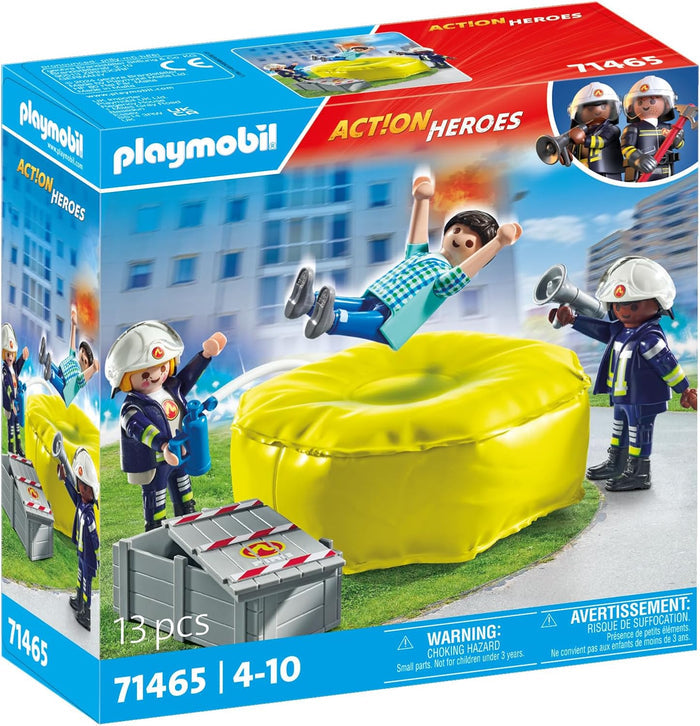 Playmobil box showing two firefighters using a large yellow inflatable airpillow to catch a falling person.