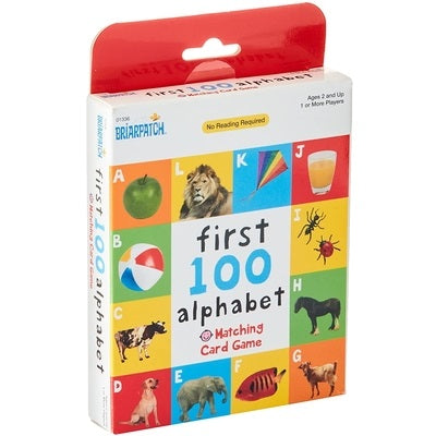 Alphabet card game box with a red top and a colorful grid of photos featuring an apple, lion, and other animals.
