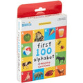 Alphabet card game box with a red top and a colorful grid of photos featuring an apple, lion, and other animals.