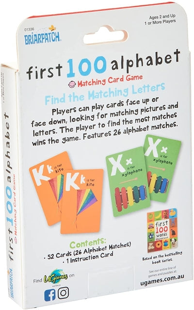 White box with alphabet matching game title and sample cards showing a kite for K and a xylophone for X.