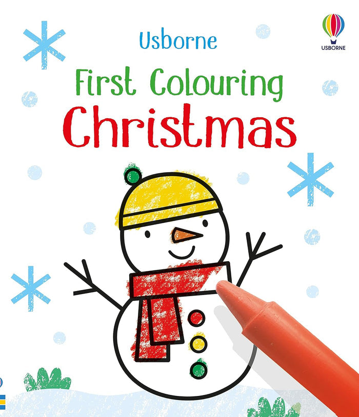 Snowman with a yellow hat and red scarf on a coloring book cover with blue snowflakes and an orange crayon tip.