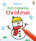 Snowman with a yellow hat and red scarf on a coloring book cover with blue snowflakes and an orange crayon tip.
