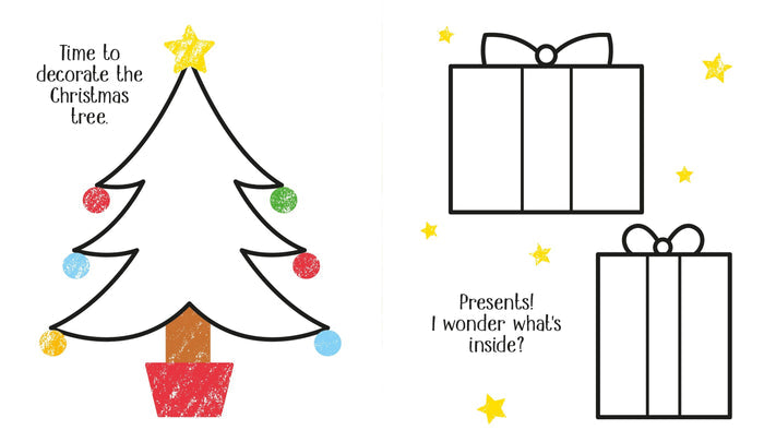 Christmas tree and present coloring pages with simple black outlines, colorful ornaments, and small yellow stars.
