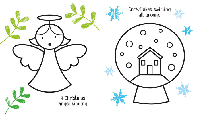 Black and white line art for coloring of a singing Christmas angel and a house inside a snow globe.