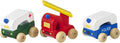 Green ambulance, red fire truck with ladder, and blue police car wooden toys featuring natural wood wheels.