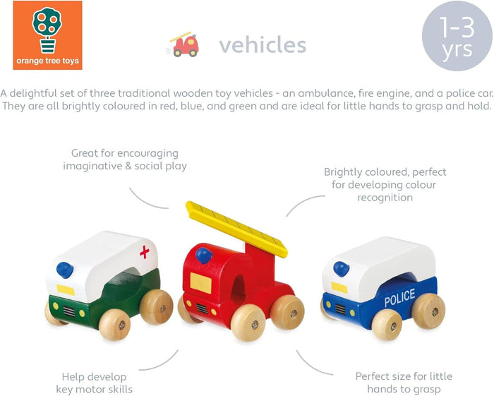 Three chunky wooden emergency vehicles: a red fire engine, blue police car, and green ambulance with natural wood wheels.