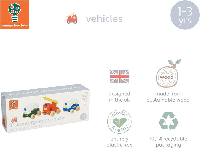 A box containing a red wooden fire truck, white ambulance, and blue police car toy for toddlers aged 1-3.