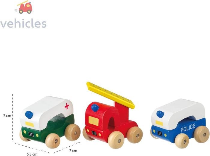 Three wooden toy emergency vehicles: a green ambulance, a red fire truck, and a blue police car with wood wheels.