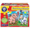 Orchard Toys First Farm Friends box showing two 12-piece jigsaw puzzles of a pink pig and a white cow with purple spots.