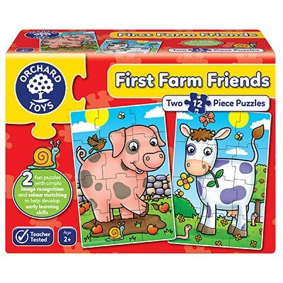 Orchard Toys First Farm Friends box showing two 12-piece jigsaw puzzles of a pink pig and a white cow with purple spots.