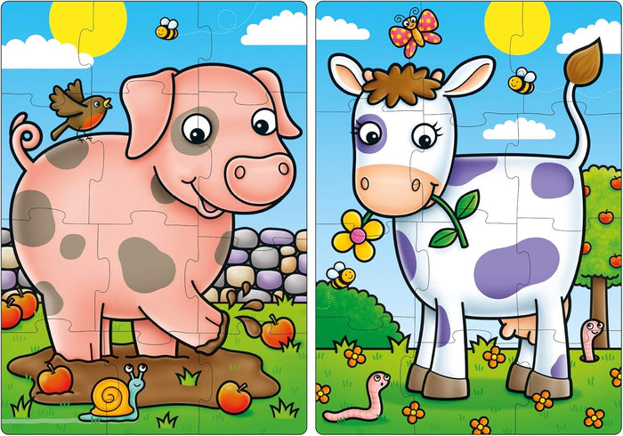 Cartoon jigsaw puzzles of a pink spotted pig in mud and a white cow with purple spots holding a flower.