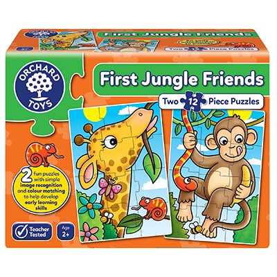 Orange toy box showing two 12-piece puzzles of a yellow giraffe and a brown monkey in a jungle scene.