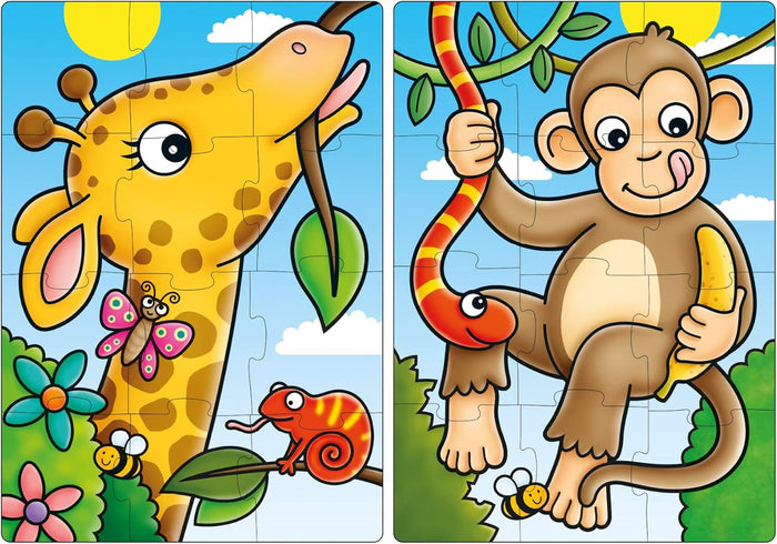 Two colorful 12-piece puzzles: a giraffe with a butterfly and chameleon, and a monkey holding a banana on a vine.