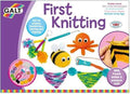 Colorful Galt box showing a knitted orange octopus, yellow bumblebee, patterned bunting, and various knitting tools.