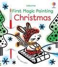 Cover of a Christmas activity book with an illustrated bunny on a sled, watercolor splashes, and a small paintbrush.