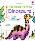 Usborne painting book cover with a colorful rainbow dinosaur and a paintbrush tucked into two slots on the left.