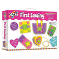 Pink Galt First Sewing box showing five felt crafts: a butterfly bag, heart purse, flower frame, notepad, and pencil case.