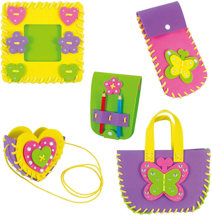 Five colorful foam craft projects: heart bag, butterfly tote, frame, and pencil cases sewn with bright yellow yarn.