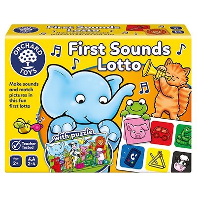 Yellow First Sounds Lotto box with a blue elephant, orange cat playing a trumpet, and colorful lotto matching tiles.