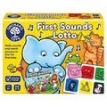 Yellow First Sounds Lotto box with a blue elephant, orange cat playing a trumpet, and colorful lotto matching tiles.