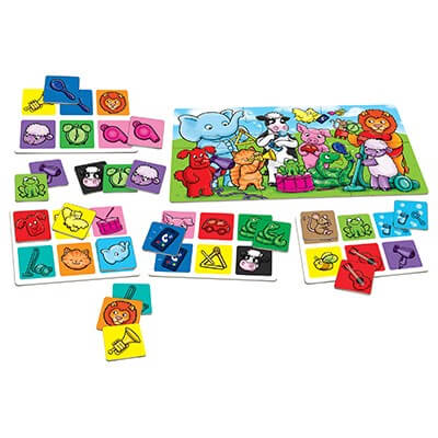 Colorful game with an animal band illustration, four grid boards, and square tiles featuring animals and objects.