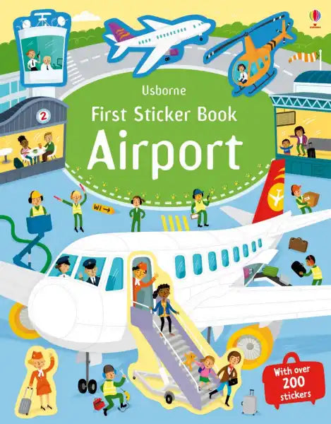 Colorful book cover featuring cartoon airplanes, a helicopter, airport staff, and a tag for over 200 stickers.