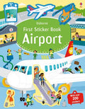 Colorful book cover featuring cartoon airplanes, a helicopter, airport staff, and a tag for over 200 stickers.