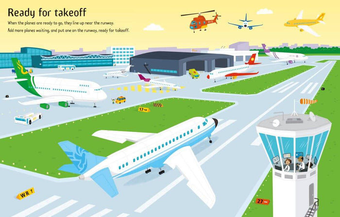 Colorful cartoon airport illustration with planes on runways, an air traffic control tower, and a helicopter.