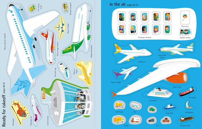 Two pages from a sticker book with colorful airplanes, airport vehicles, passengers, and ships on a blue background.