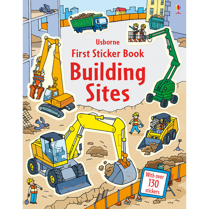 Illustrated cover with yellow and green construction vehicles and workers. Text says with over 130 stickers.