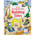 Illustrated cover with yellow and green construction vehicles and workers. Text says with over 130 stickers.