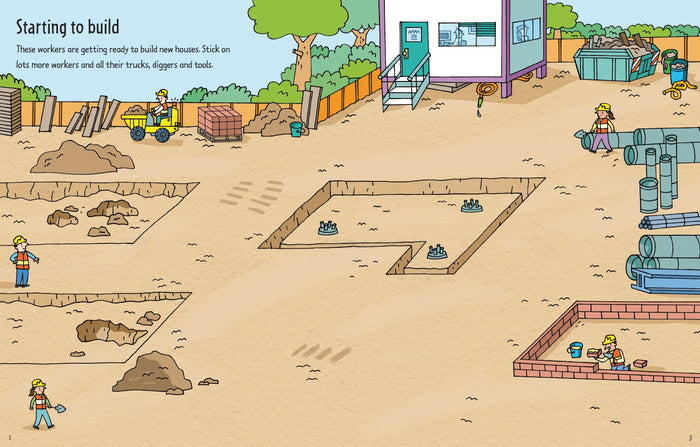 Cartoon illustration of a building site with workers in yellow vests, dirt piles, pipes, and foundational trenches.
