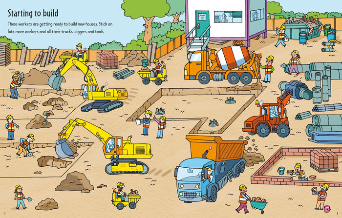 Vibrant cartoon illustration of a building site featuring yellow excavators, an orange cement mixer, and busy workers.