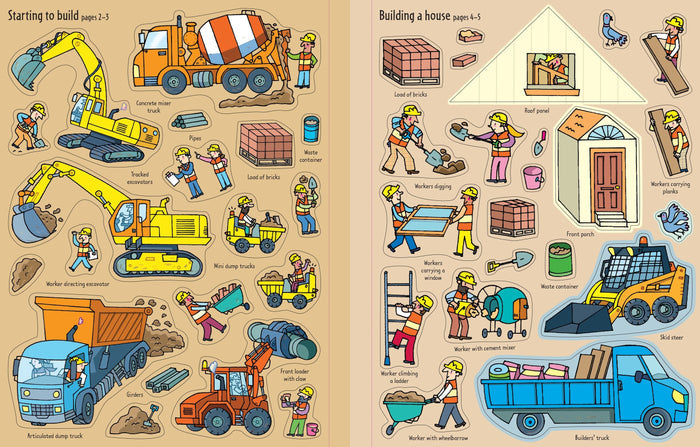 Detailed cartoon stickers of construction sites, including colorful trucks, workers, and equipment with descriptive labels.