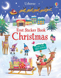 Usborne sticker book cover showing Santa, reindeer, and elves in a snowy village with colorful presents.